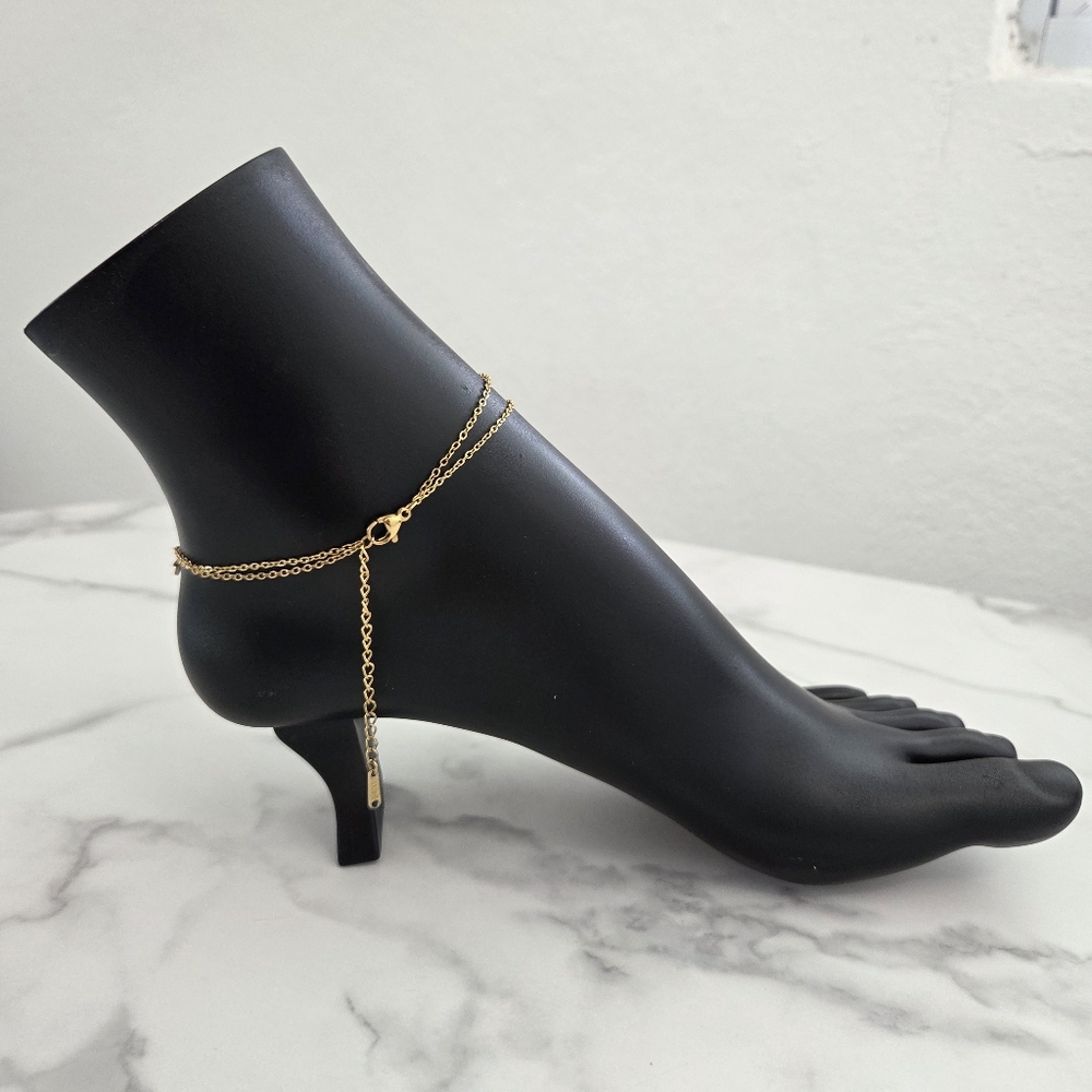 Gold Anklet Moon and Stars Charms Double Chain Layered Ankle Bracelet - Picture 9 of 15